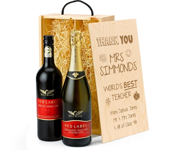 Gifts For Teacher's Wolf Blass Red & Sparkling Wine Gift Box With Engraved Personalised Lid